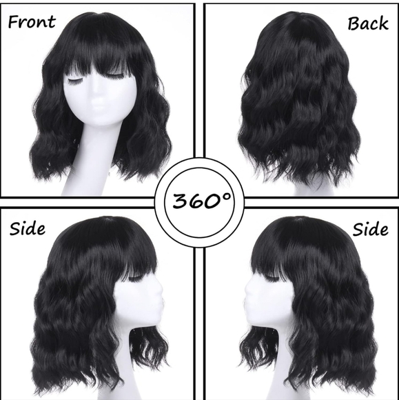 Bob Wig with Bands 12 Inch Black Synthetic Wig - Picture 2 of 3